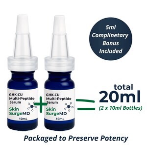 May include: Two blue glass bottles of GHK-CU Multi-Peptide Serum, each containing 10mL, with a total of 20mL. A complimentary 5ml bonus is included. The bottles have white caps and are labeled "Skin SurgeMD". The text "Packaged to Preserve Potency" is at the bottom.