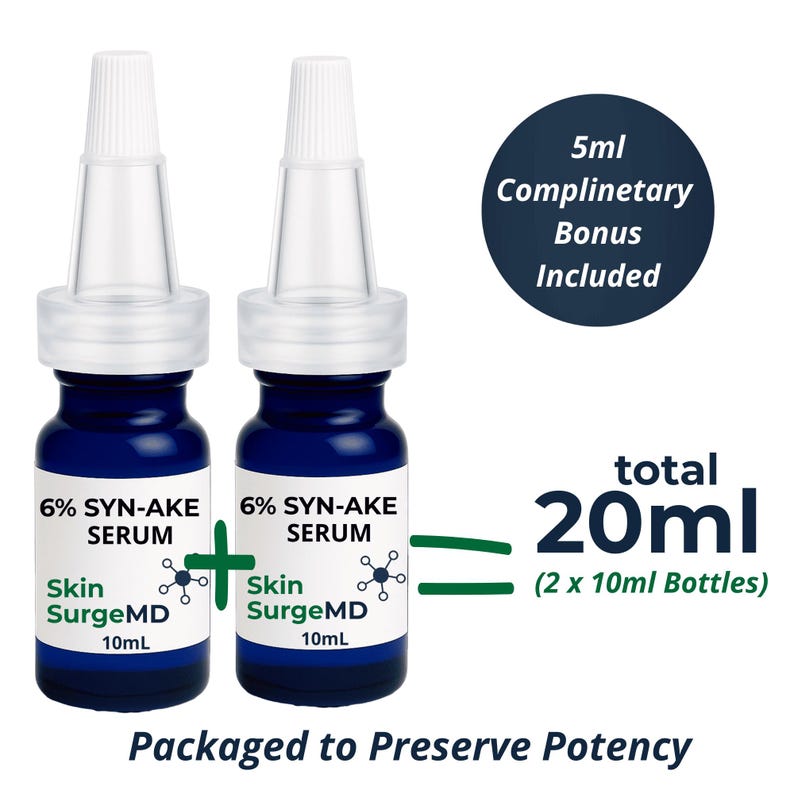 Op de afbeelding: Twee blauwe serumflesjes met witte doppen. Elk flesje is gelabeld met "6% SYN-AKE SERUM" en "Skin SurgeMD 10ml". Een donkerblauwe cirkel vermeldt "5ml Complimentary Bonus Included". Het totale volume is 20ml (2 x 10ml flessen).