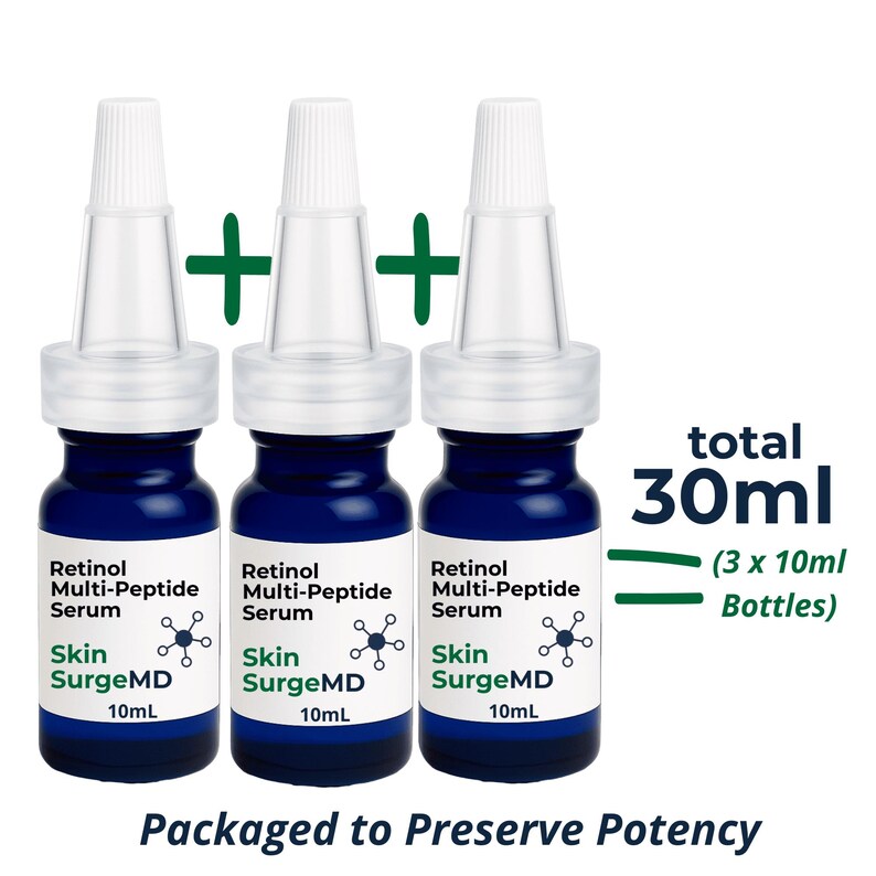 May include: Three dark blue serum bottles with white caps and labels. The labels read "Retinol Multi-Peptide Serum" and "Skin SurgeMD 10mL". The image text says "total 30ml" and "Packaged to Preserve Potency".
