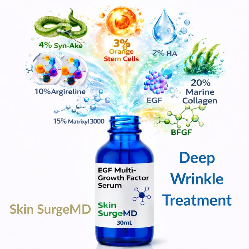 May include: A 30mL blue glass bottle of Skin SurgeMD EGF Multi-Growth Factor Serum Deep Wrinkle Treatment. The label displays the product name and volume. Above the bottle, colorful illustrations represent ingredients like Syn-Ake, stem cells, and collagen.