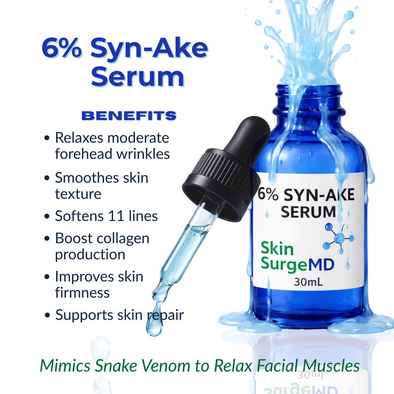 Op de afbeelding: Een blauwe serumfles met een pipet, met het label "6% Syn-Ake Serum". De afbeelding benadrukt voordelen zoals rimpelvermindering en huidversteviging. De tekst luidt "Skin SurgeMD" en "30ml."