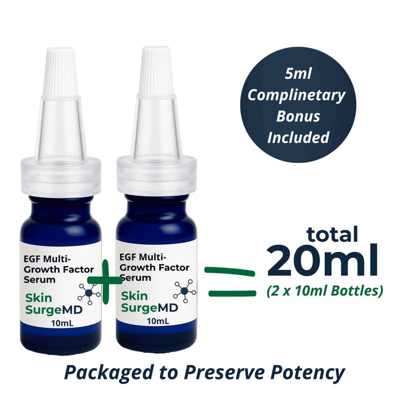 May include: Two blue glass bottles of Skin SurgeMD EGF Multi-Growth Factor Serum, each containing 10ml, totaling 20ml. The bottles feature white labels with black text and a white dropper cap. A dark circle indicates a 5ml complimentary bonus included.