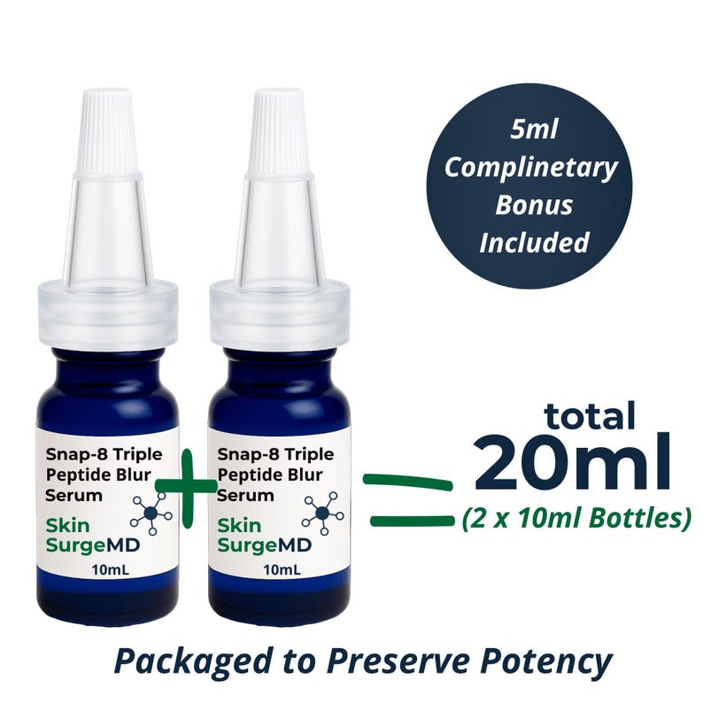 May include: Two blue glass bottles of Skin SurgeMD Snap-8 Triple Peptide Blur Serum, each 10ml, with white pointed caps. Text indicates a total of 20ml from two 10ml bottles, plus a 5ml complimentary bonus included, packaged to preserve potency.