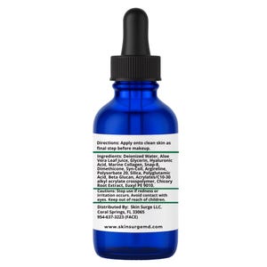 May include: A cobalt blue glass dropper bottle with a black cap. The white label features black text listing directions, ingredients including Deionized Water, Aloe Vera Leaf Juice, Glycerin, Hyaluronic Acid, Marine Collagen, and contact information.