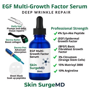 May include: A 30mL blue glass bottle of Skin SurgeMD EGF Multi-Growth Factor Serum with a black dropper cap. The label lists ingredients including 4% Syn-Ake Peptide, 3% Citrustem, 15% Matrixyl 3000, and 10% Argireline, alongside a derma roller, pen, and mask.