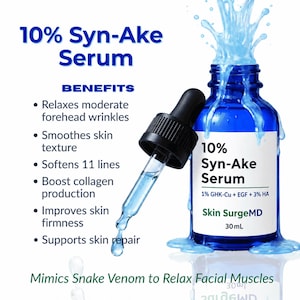 May include: A 30 mL blue glass bottle of 10% Syn-Ake Serum with a black dropper. The label reads 10% Syn-Ake Serum, 1% GHK-Cu + EGF + 3% HA, Skin SurgeMD. Text lists benefits including relaxing forehead wrinkles and boosting collagen production.