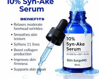 May include: A 30 mL blue glass bottle of 10% Syn-Ake Serum with a black dropper. The label reads 10% Syn-Ake Serum, 1% GHK-Cu + EGF + 3% HA, Skin SurgeMD. Text lists benefits including relaxing forehead wrinkles and boosting collagen production.
