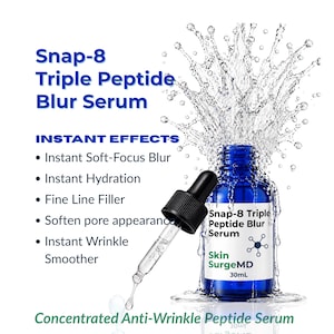 May include: A 30mL blue glass dropper bottle of Snap-8 Triple Peptide Blur Serum by Skin SurgeMD. The bottle is surrounded by a large water splash. Text lists instant effects including soft-focus blur, hydration, and fine line filling.