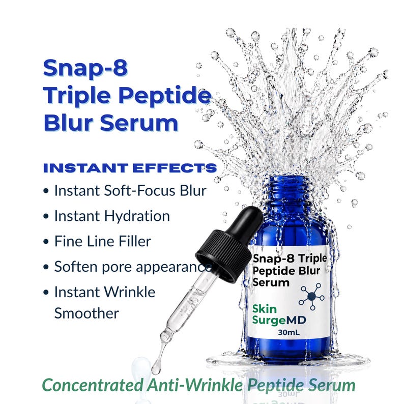 May include: A 30mL blue glass dropper bottle of Snap-8 Triple Peptide Blur Serum by Skin SurgeMD. The bottle is surrounded by a large water splash. Text lists instant effects including soft-focus blur, hydration, and fine line filling.