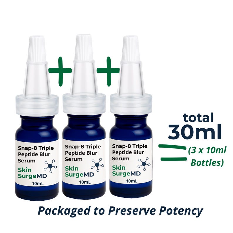 May include: Three small blue glass bottles of Snap-8 Triple Peptide Blur Serum by Skin SurgeMD, each containing 10mL. The bottles feature white caps and labels with text and a molecule graphic. The total volume is 30mL, consisting of three 10mL bottles.
