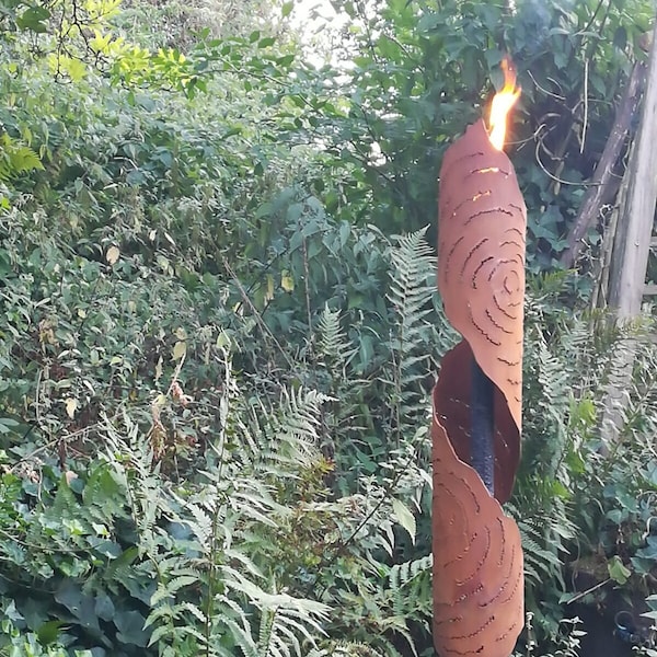 Gartenfackel Rost mit Fackelstange-Wellenband - Schallwellen- Fackelkopf 70cm-Wachstuchfackel