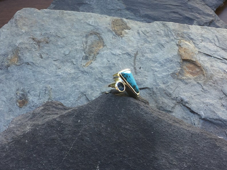 183# Natural Kingman Turquoise and Ice Blue Topaz Ring