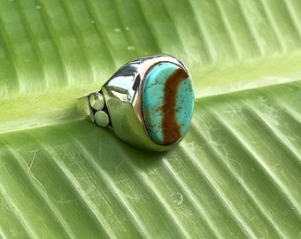 Puede incluir: Un anillo de plata con una piedra turquesa engastada en un engaste de bisel. La piedra tiene un patrón marrón y azul.