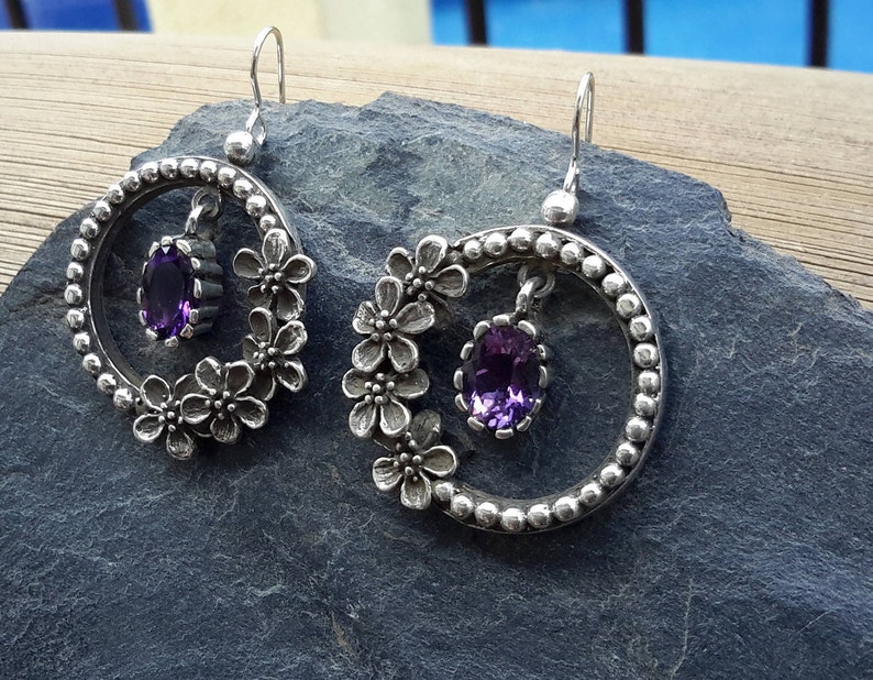 No.89 Amethyst with Apple Blossom Flower Earrings