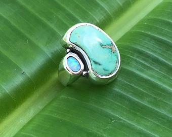 No654 Natural Green Carico Lake Turquoise and Australian Opal in 950 Sterling Silver Ring size 7
