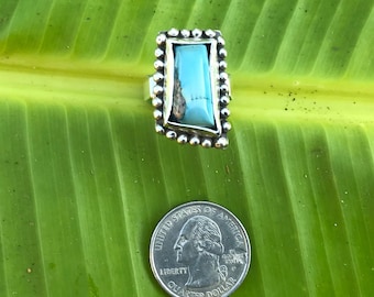 Puede incluir: Un anillo de plata con una piedra turquesa rectangular engastada en un engaste de cuentas. El anillo se muestra sobre una hoja verde.