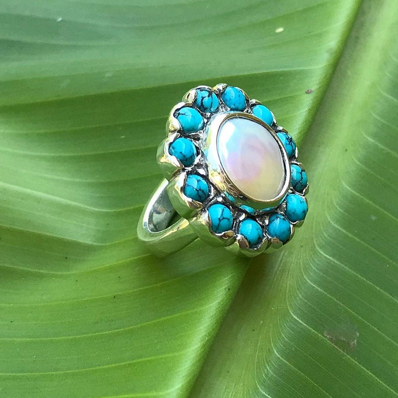 No.351 Tennessee River Pearl and Natural Bisbee Turquoise Ring
