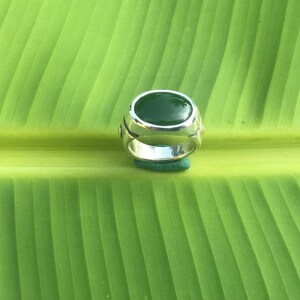 May include: A silver ring with a large, oval, dark green stone. The ring is set on a green surface against a background of a green leaf. The ring's band has decorative elements.
