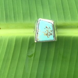 May include: A silver ring with a large, rectangular turquoise stone. The turquoise has brown and gold inclusions. The ring is set on a green leaf.