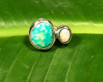 No639 Natural Blue Royston Turquoise and Natural Australian Opal in 950 Sterling Silver Ring