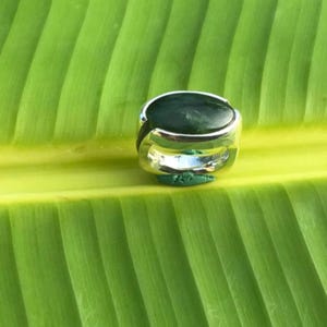 May include: A silver ring with a dark green oval stone. The ring is set on a bright green leaf, creating a striking contrast. The ring's band is thick and polished, highlighting the stone's color.