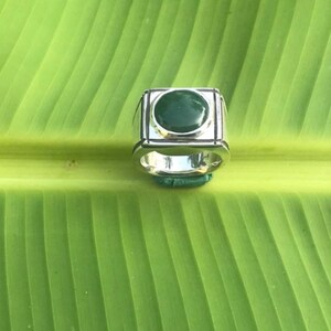 May include: A silver ring with a square face and a large, round, dark green stone. The ring is set against a bright green leaf.