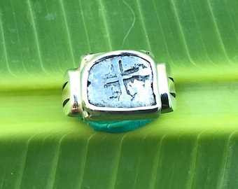 No799 Genuine Peruvian Silver Half Real Coin in a 950 Sterling Silver Ring size 11