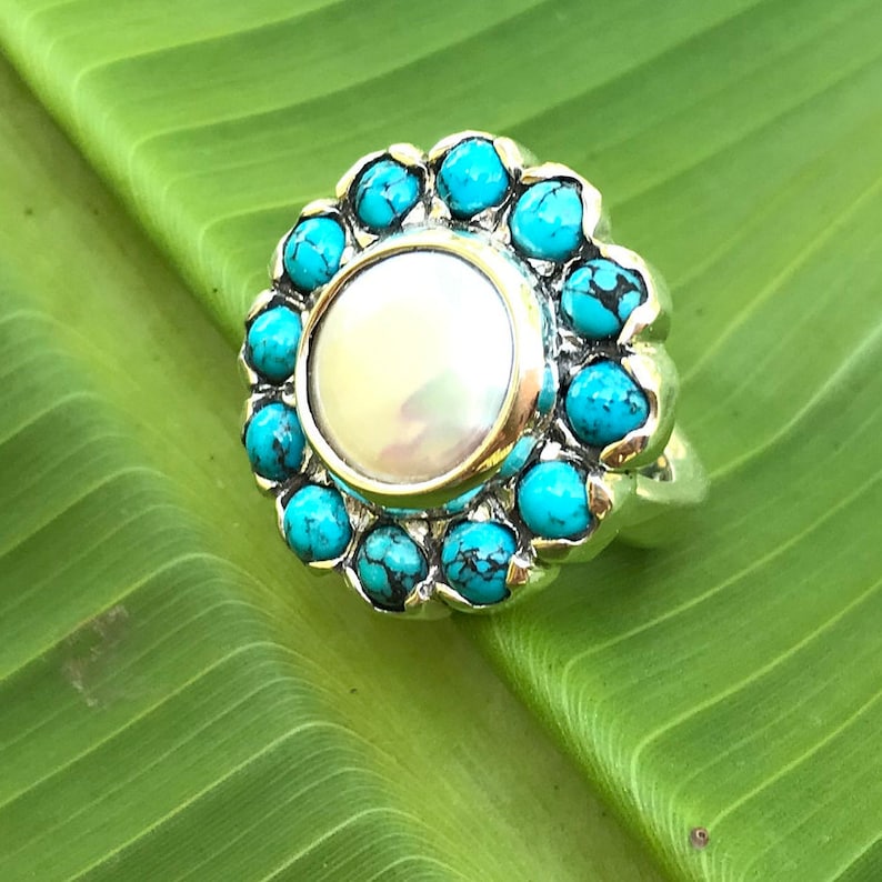 No.351 Tennessee River Pearl and Natural Bisbee Turquoise Ring