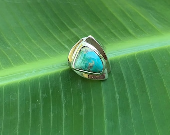 Puede incluir: Un anillo de plata con una piedra turquesa triangular engastada en el centro. El anillo está sobre un fondo de hoja verde.