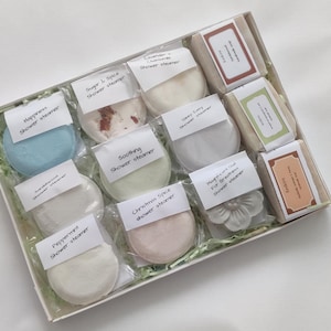 Stellen Sie Ihr eigenes Geschenkset zusammen - 3 kleine handgemachte Seifen & 9 Duschdampfer - anpassbare Selbstpflege-Leckereien