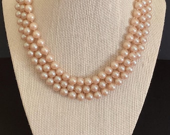Vintage Ivory/Ecru Pearl Bead Three Strand Necklace With Goldtone Flower Clasp. Classic Pearl Necklace. Mid-Century Jewelry.