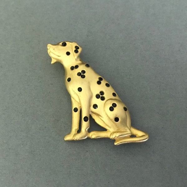 JJ JONETTE Goldtone Dalmatian Dog Black Rhinestone Pin Brooch. Dalmatian Jewelry. JJ Jonette Jewelry.