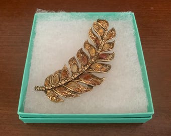 Monet Large Goldtone Feather Brooch Pin With Amber and Citrine Colored Marquise Rhinestones. Monet Jewelry.