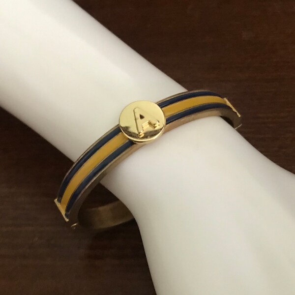 Talbots Initial “A” Goldtone Yellow and Blue Enamel Stripe Hinged Bangle Bracelet. Talbots Jewelry. Initial A Jewelry.