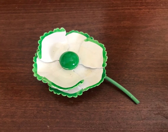 White With Green Enamel Poppy Brooch Pin. Large F… - image 2