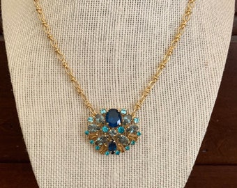 Carolee Goldtone Chainlink Blue Rhinestone Pendant Necklace. New/Unworn With Original Tag. 16-18 1/2 Inch Adjustable Length. Carolee Jewelry