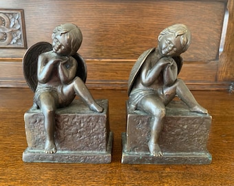 Vintage Pair of 2 Bronze Angel or Cherub Bookends. Vintage Home Decor.