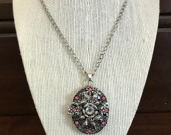Silvertone Locket Pendant Necklace With Pink Rhinestones Floral Victorian Design. Locket With Pink Rhinestones. Victorian Style Jewelry.