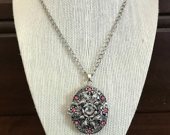 Silvertone Locket Pendant Necklace With Pink Rhinestones Floral Victorian Design. Locket With Pink Rhinestones. Victorian Style Jewelry.