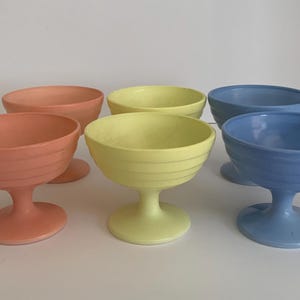 Vintage 1950’s Hazel Atlas Set of 6 Glass Sherbet Ice Cream Cups. Pastel Blue, Yellow, Pink.