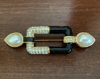 Elongated Goldtone Pave’ Crystal Rhinestone and Black Enamel and Teardrop Pearl Large Rectangular Brooch or Pin. Large Coat Pin or Brooch.