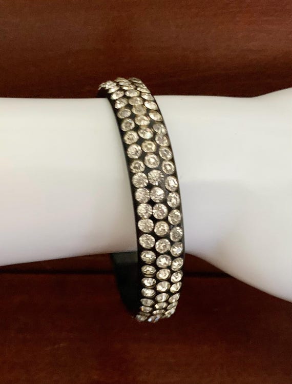 Vintage Black Celluloid With Clear Rhinestones Ba… - image 3