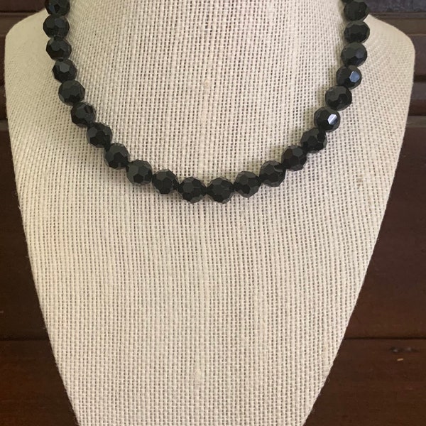 Vendome Black Faceted Glass Bead Choker Necklace. Adjustable Length 13-16 Inches Long. Strung On Chain. Vendome Jewelry.