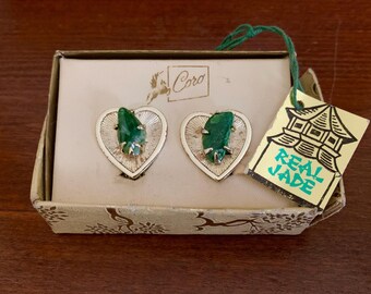 Vintage Coro Heart-Shaped Goldtone Real Jade Clip-On Earrings In Original Box With Tag. Unworn. Vintage Mid-Century Coro Jewelry.
