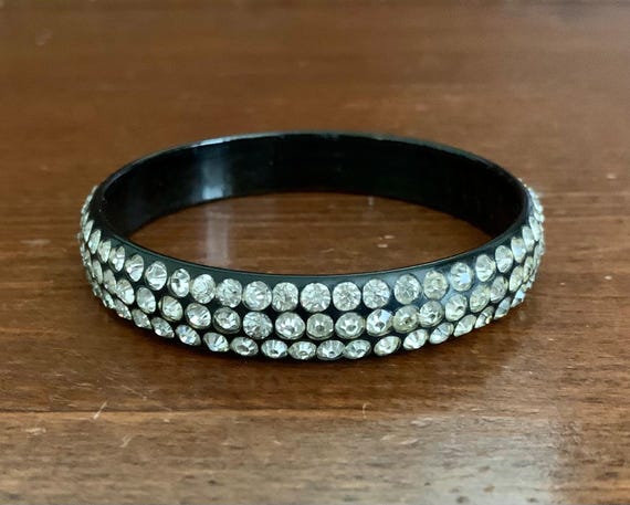 Vintage Black Celluloid With Clear Rhinestones Ba… - image 1