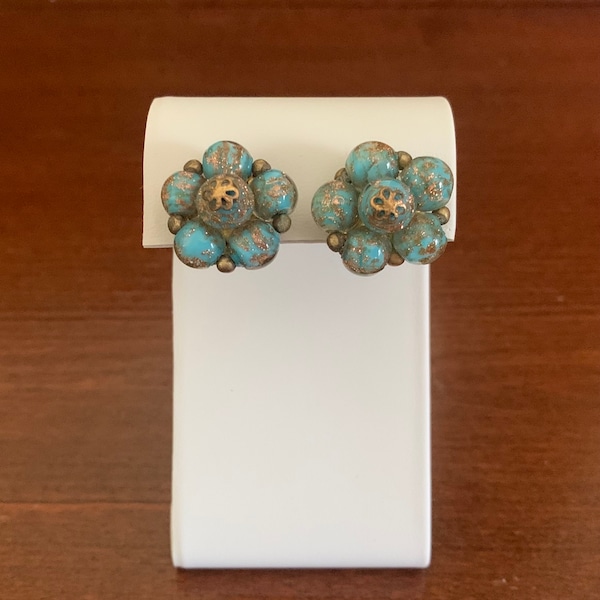 Robin’s Egg Blue Glass Bead Goldtone Cluster Clip-On Earrings. Blue Glass Bead With Gold Glitter Cluster Clip-Ons. Mid-Century Earrings.