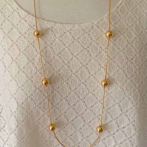 Napier Long Goldtone Wheat Chain and Gold Bead Station Necklace. 34 Inches Long. Narrow Gold Wheat Chain Necklace. Napier Jewelry.