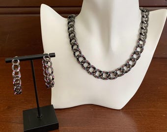 Gunmetal Curb Chain Multi-Color Pave’ Rhinestone Necklace With Matching Hoop Earrings Set. Jewelry Sets.