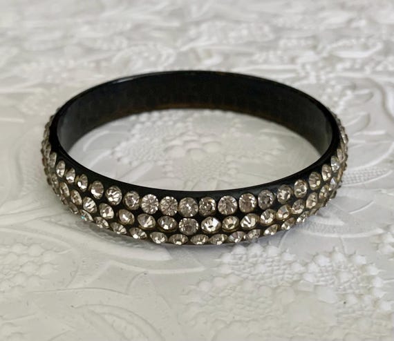 Vintage Black Celluloid With Clear Rhinestones Ba… - image 10
