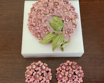 Pink Enamel Flowers Cluster Brooch and Earrings Set With Pink Rhinestones. Mid-Century Vintage Jewelry.
